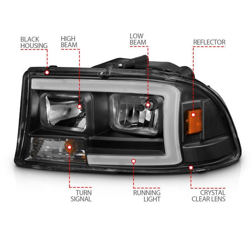 ANZO 111591 - ANZ111591 - ANZO 97-04 Dodge Dakota/Durango Crystal headlight Set w/ Light Bar Black Housing - Shipped in Europe - Tuningsupply.com