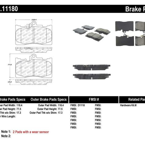 Stoptech 309.11180 - STO309.11180 - StopTech Performance 06 Lexus GS300/430 / 07-08 GS350 / 06-08 IS350 Front Brake Pads - Shipped in Europe - Tuningsupply.com