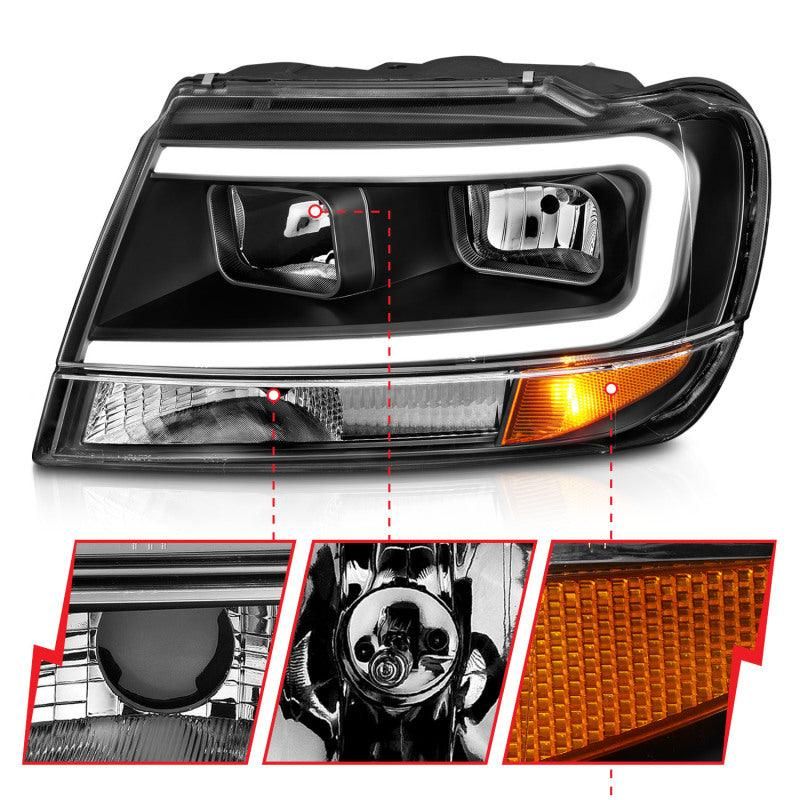 ANZO 111537 - ANZ111537 - ANZO 99-04 Jeep Grand Cherokee Crystal Headlights - w/ Light Bar Black Housing - Shipped in Europe - Tuningsupply.com