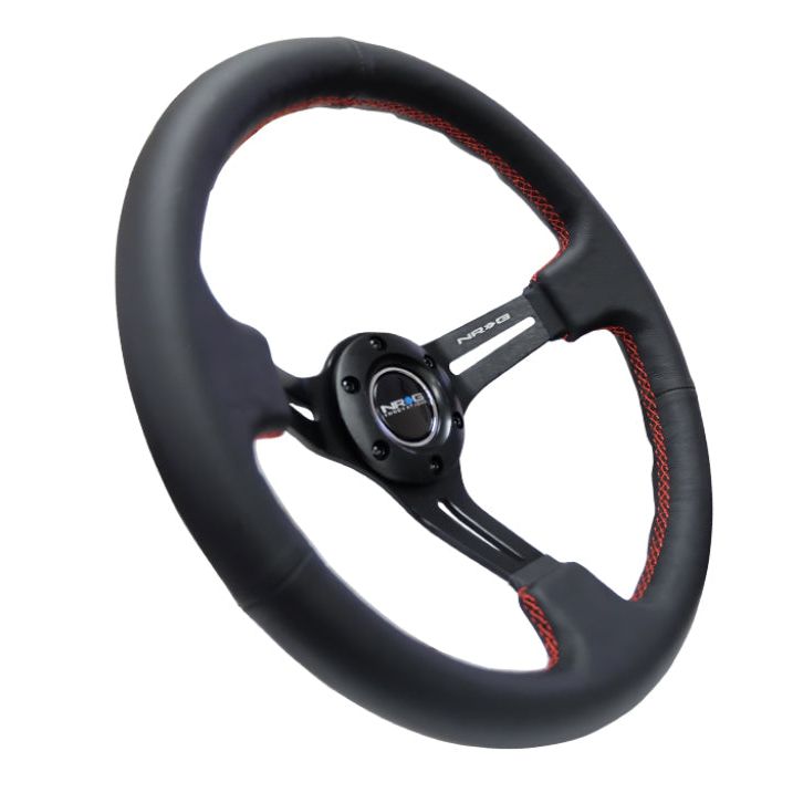 NRG RST-018R-RS - NRGRST-018R-RS - NRG Reinforced Steering Wheel (350mm / 3in. Deep) Black Leather/Red Stitch & Blk 3-Spoke w/Slits - Shipped in Europe - Tuningsupply.com