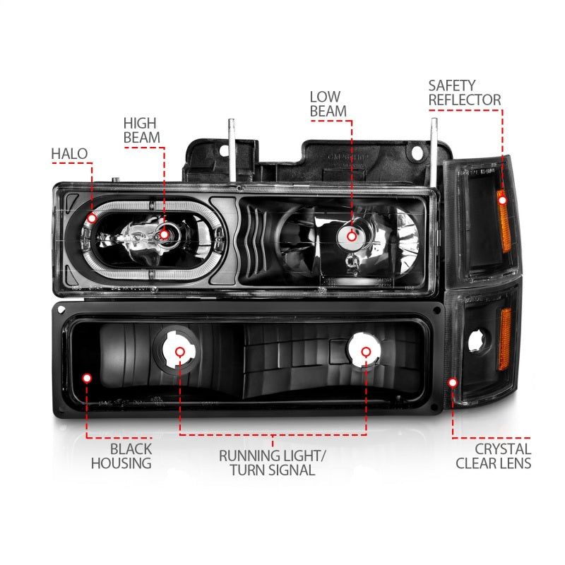 ANZO 111507 - ANZ111507 - ANZO 88-98 Chevrolet C1500 Crystal Headlights Black Housing w/ Signal and Side Marker Lights - Shipped in Europe - Tuningsupply.com