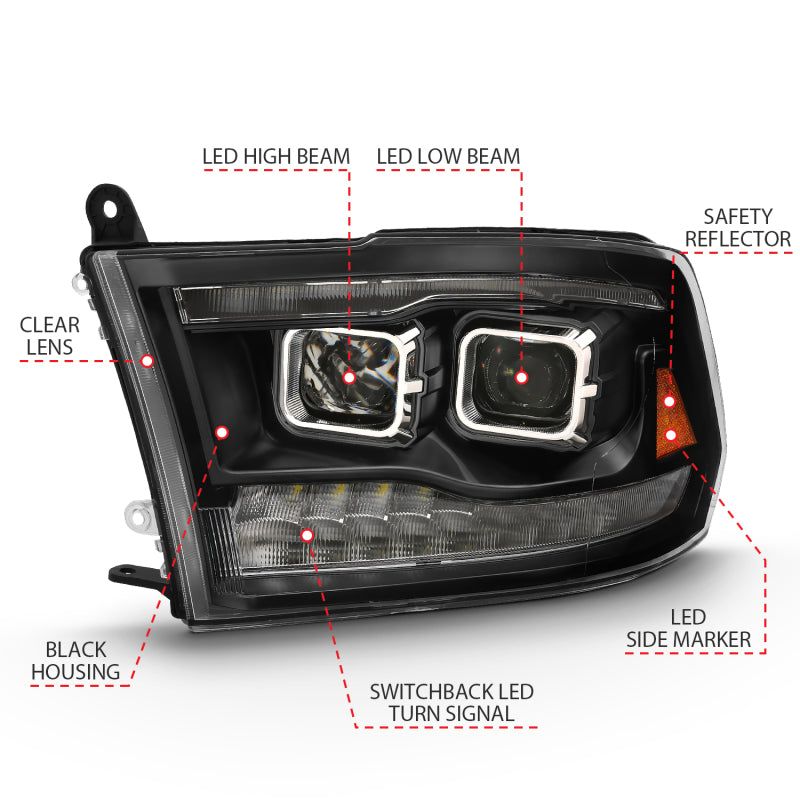 ANZO 111464 - ANZ111464 - ANZO 2009-2018 Dodge Ram 1500 Led Projector Plank Style Switchback H.L Halo Black Amber (OE Style) - Shipped in Europe - Tuningsupply.com