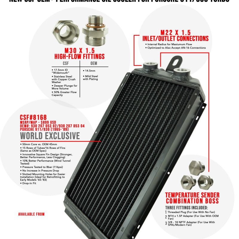CSF 8168 - CSF8168 - CSF 65-89 Porsche 911 / 930 OEM+ High-Performance Oil Cooler - Shipped in Europe - Tuningsupply.com