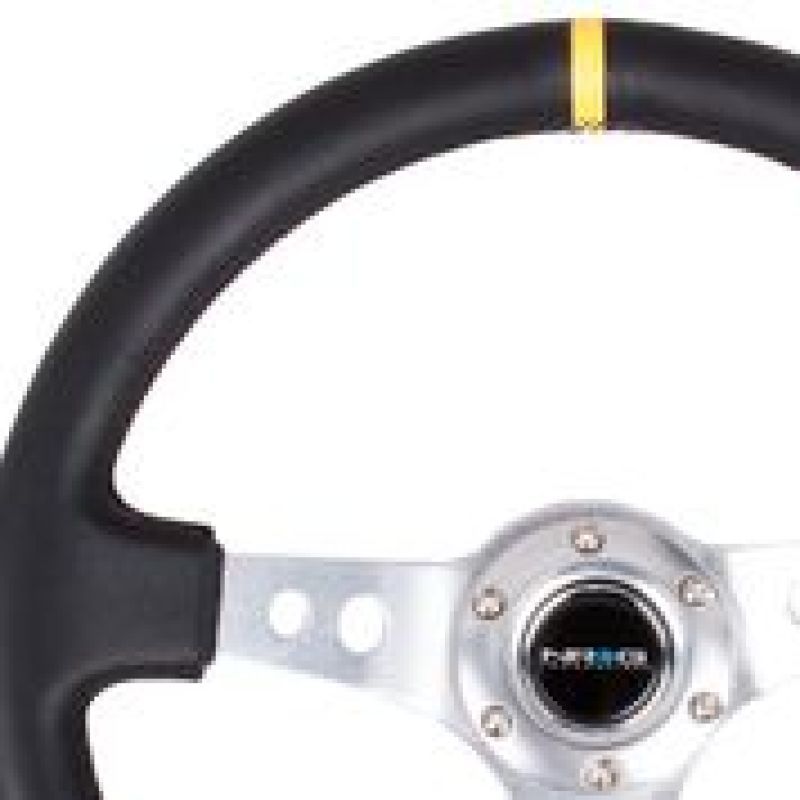 NRG RST-006SL-Y - NRGRST-006SL-Y - NRG Reinforced Steering Wheel (350mm / 3in. Deep) Blk Leather w/Circle Cut Spokes & Single Yellow CM - Shipped in Europe - Tuningsupply.com