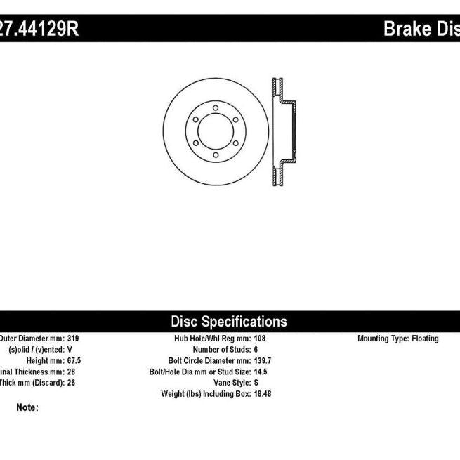 Stoptech 127.44129R - STO127.44129R - StopTech 07-08 Toyota FJ Cruiser / 05-08 Tacoma (6 lug) / 03-08 4 Runner (319mm disc) SportStop Slo - Shipped in Europe - Tuningsupply.com