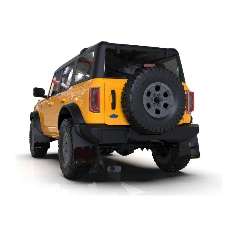 Rally Armor MF85-RR-PL-COR - RALMF85-RR-PL-COR - Rally Armor 21-25 Ford Bronco (Plstc Bmpr + RR - NO Rptr/Sprt) Blk Mud Flap w/Cy Orange Logo - Shipped in Europe - Tuningsupply.com