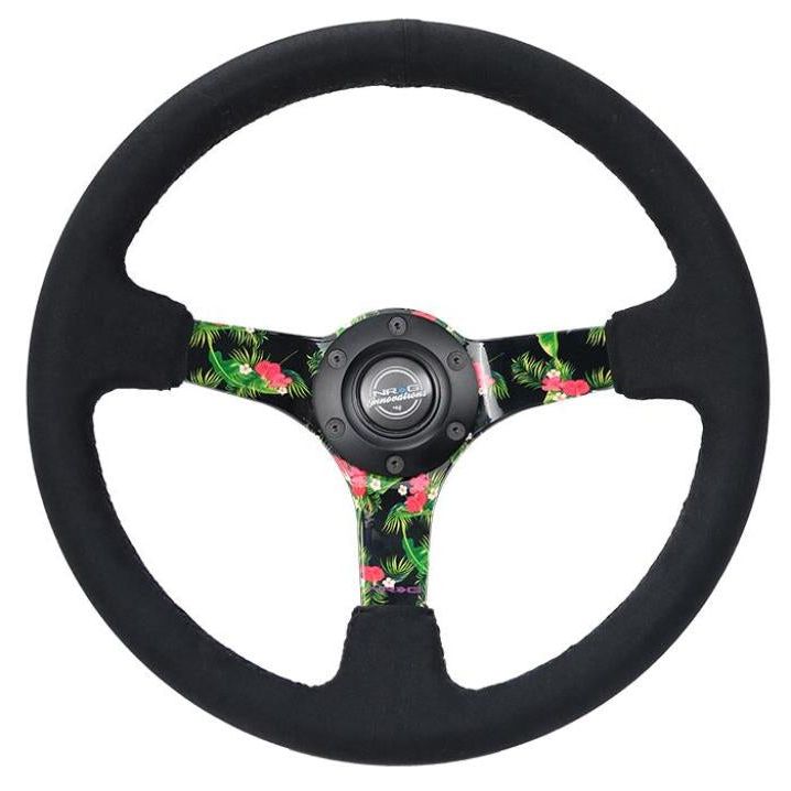 NRG RST-036TROP-S - NRGRST-036TROP-S - NRG Reinforced Steering Wheel (350mm / 3in. Deep) Black Suede w/ 5mm Floral 3-Spoke Center - Shipped in Europe - Tuningsupply.com