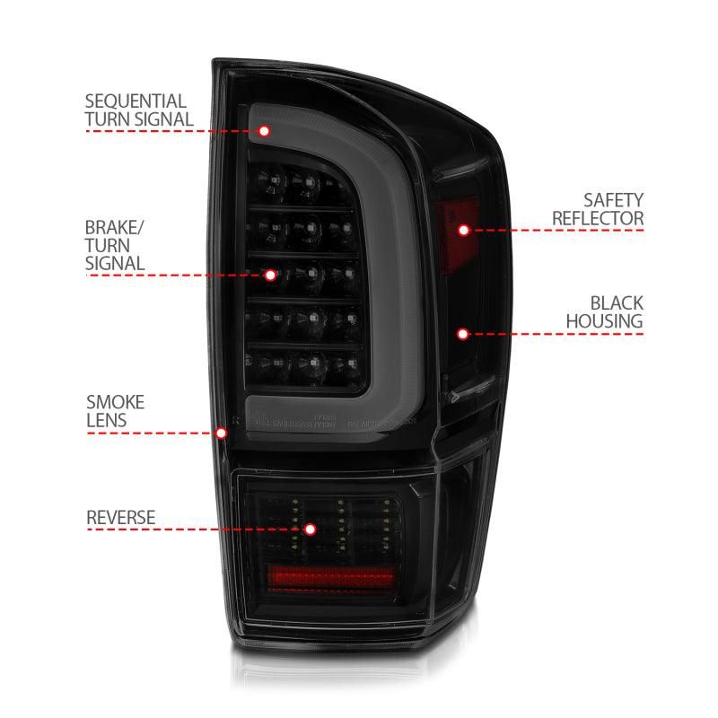 ANZO 311401 - ANZ311401 - ANZO 16-21 Toyota Tacoma LED Tail Lights - w/ Light Bar Sequential Black Housing & Smoke Lens - Shipped in Europe - Tuningsupply.com