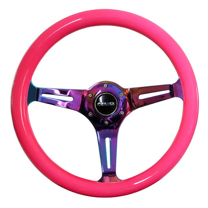 NRG ST-015MC-NPK - NRGST-015MC-NPK - NRG Classic Wood Grain Steering Wheel (350mm) Neon Pink Painted Grip w/Neochrome 3-Spoke Center - Shipped in Europe - Tuningsupply.com