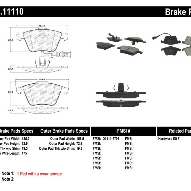 Stoptech 309.11110 - STO309.11110 - StopTech Performance 08-13 Audi TT Quattro / 12 VW Golf R Front Brake Pads - Shipped in Europe - Tuningsupply.com