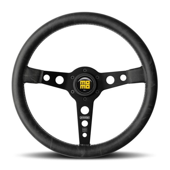 MOMO PRH35BK2B - MOMPRH35BK2B - Momo Prototip Heritage Steering Wheel 350 mm - Black Leather/White Stitch/Black Spokes - Shipped in Europe - Tuningsupply.com