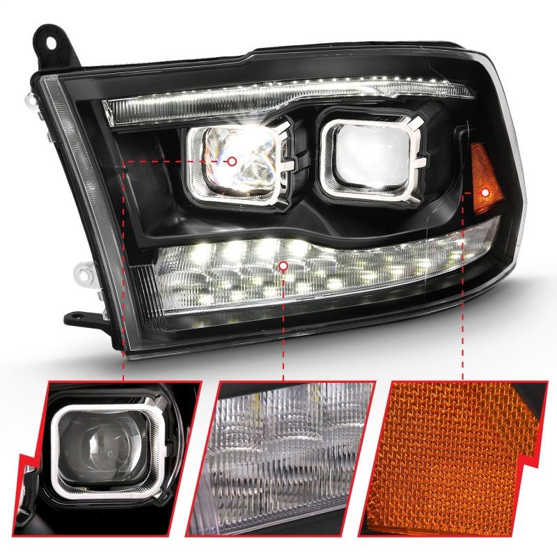 ANZO 111464 - ANZ111464 - ANZO 2009-2018 Dodge Ram 1500 Led Projector Plank Style Switchback H.L Halo Black Amber (OE Style) - Shipped in Europe - Tuningsupply.com