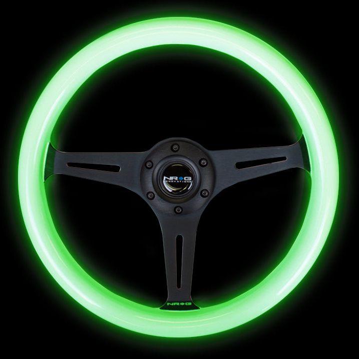 NRG ST-015BK-GL - NRGST-015BK-GL - NRG Classic Wood Grain Steering Wheel (350mm) Glow-N-The-Dark Green Grip w/Black 3-Spoke Center - Shipped in Europe - Tuningsupply.com
