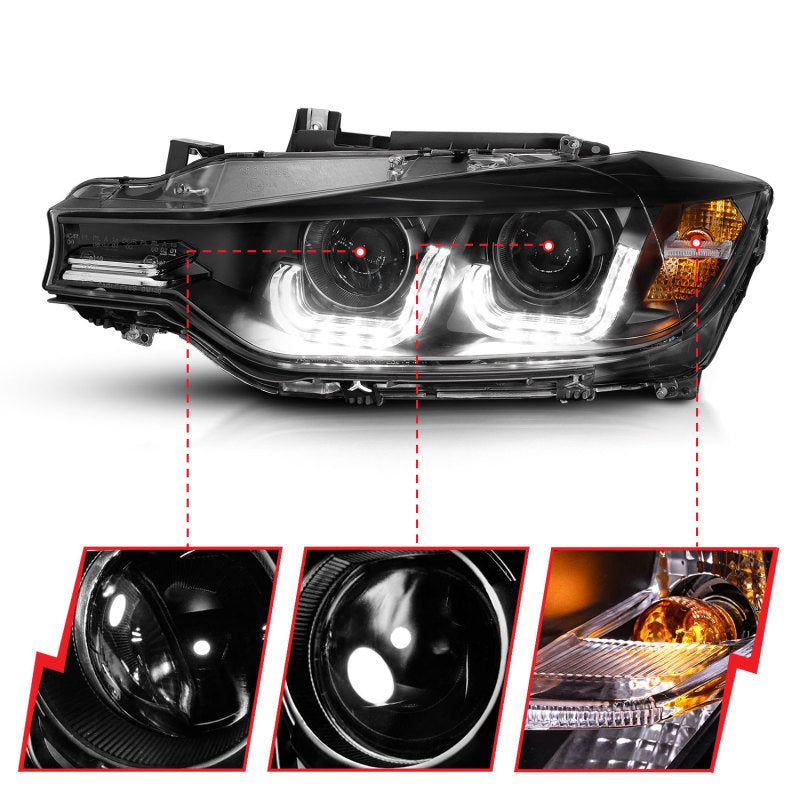 ANZO 121504 - ANZ121504 - ANZO 2012-2015 BMW 3 Series Projector Headlights w/ U-Bar Black - Shipped in Europe - Tuningsupply.com