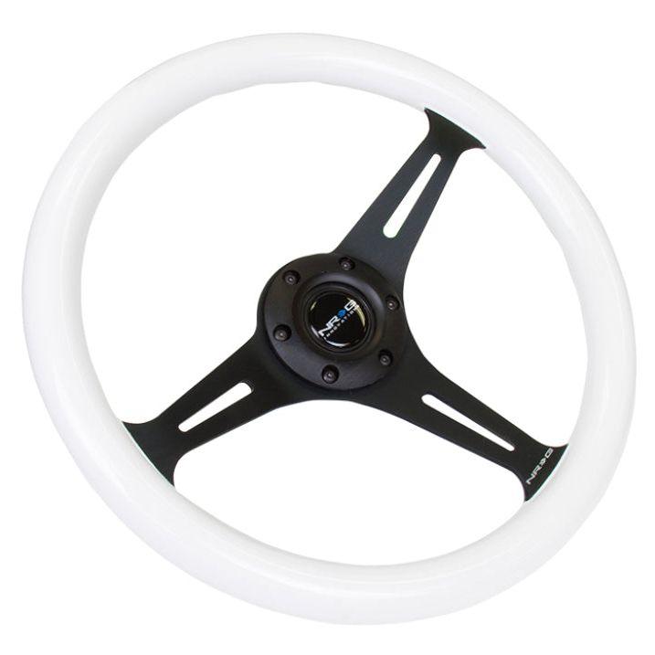 NRG ST-015BK-GL - NRGST-015BK-GL - NRG Classic Wood Grain Steering Wheel (350mm) Glow-N-The-Dark Green Grip w/Black 3-Spoke Center - Shipped in Europe - Tuningsupply.com