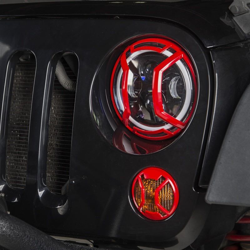 Rugged Ridge 11230.15 - RUG11230.15 - Rugged Ridge 07-18 Jeep Wrangler JK/JKU Red Elite Headlight Euro Guards - Shipped in Europe - Tuningsupply.com