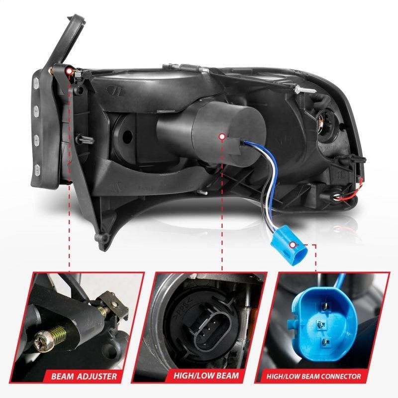 ANZO 111554 - ANZ111554 - ANZO 94-02 Dodge RAM Crystal Headlight - w/ Light Bar Black Housing - Shipped in Europe - Tuningsupply.com