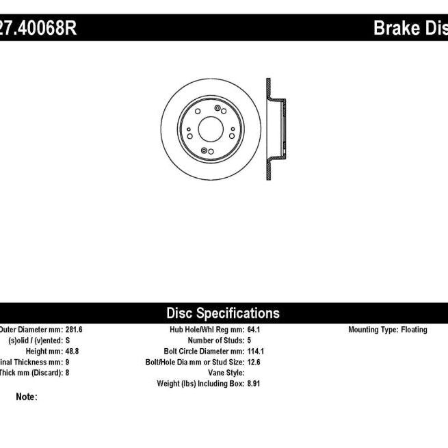 Stoptech 127.40068R - STO127.40068R - StopTech 09-10 Acura TSX / 08-10 Honda Accord Coupe/05-10 Sedan Right Rear Slotted & Drilled Rotor - Shipped in Europe - Tuningsupply.com