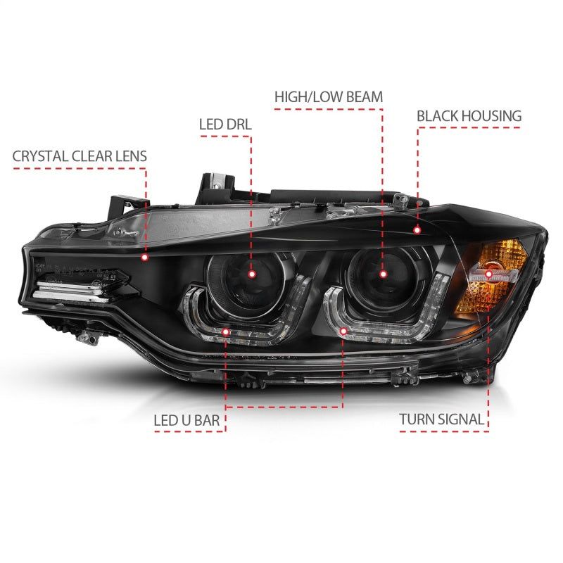 ANZO 121504 - ANZ121504 - ANZO 2012-2015 BMW 3 Series Projector Headlights w/ U-Bar Black - Shipped in Europe - Tuningsupply.com