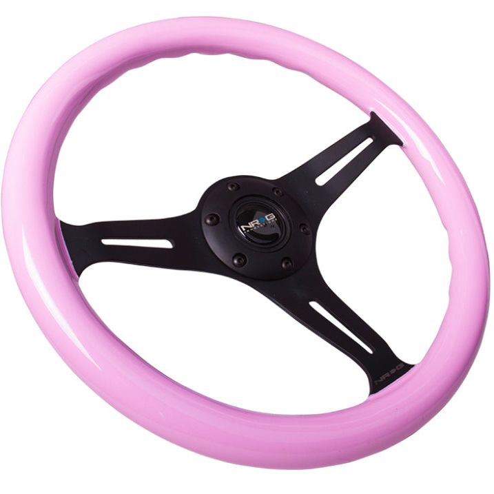 NRG ST-015BK-PK - NRGST-015BK-PK - NRG Classic Wood Grain Steering Wheel (350mm) Solid Pink Painted Grip w/Black 3-Spoke Center - Shipped in Europe - Tuningsupply.com