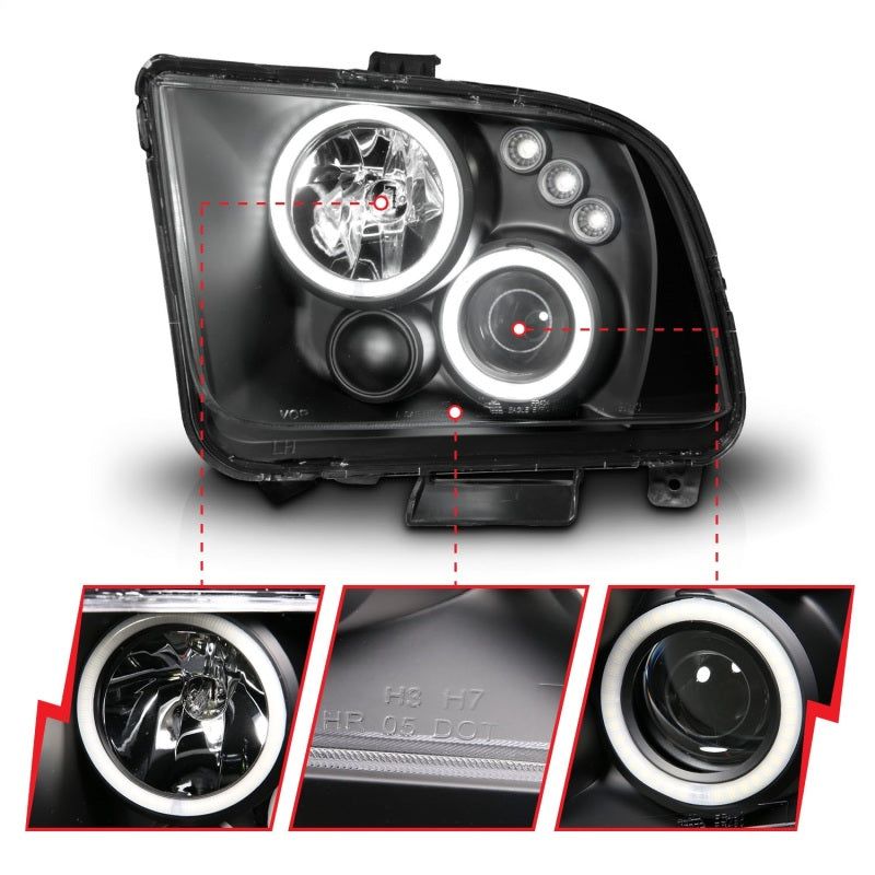 ANZO 121166 - ANZ121166 - ANZO 2005-2009 Ford Mustang Projector Headlights w/ Halo Black - Shipped in Europe - Tuningsupply.com