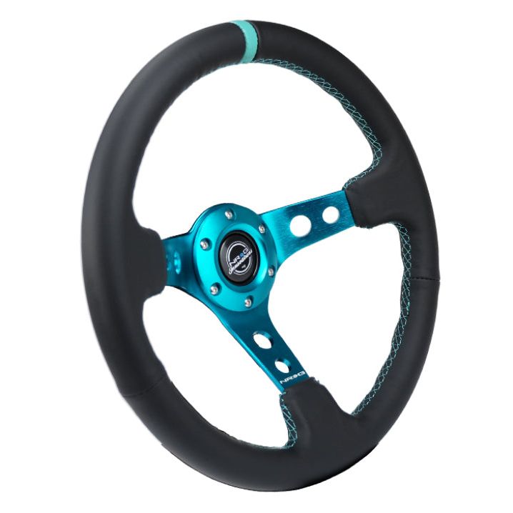 NRG RST-006TL - NRGRST-006TL - NRG Reinforce Steering Wheel (350mm / 3in. Deep) Blk Leather, Teal Center Mark w/ Teal Stitching - Shipped in Europe - Tuningsupply.com