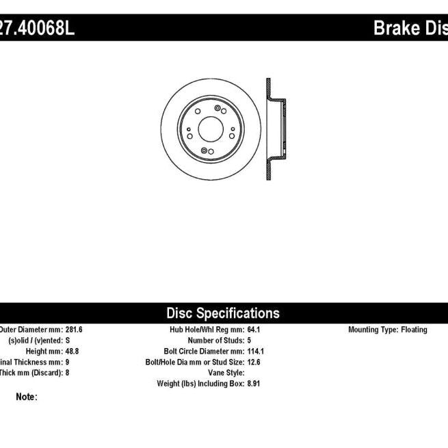 Stoptech 127.40068L - STO127.40068L - StopTech 09-10 Acura TSX / 08-10 Honda Accord Coupe/05-10 Sedan Left Rear Slotted & Drilled Rotor - Shipped in Europe - Tuningsupply.com