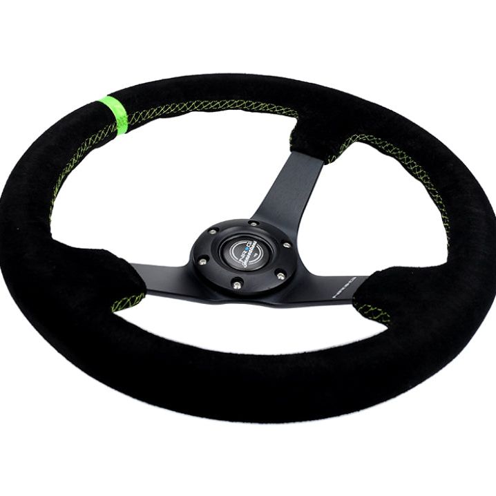 NRG RST-036MB-S-GN - NRGRST-036MB-S-GN - NRG Reinforced Steering Wheel 350mm/3in. Deep Blk Suede/ Neon Green Stitch w/5mm Matte Black Spoke - Shipped in Europe - Tuningsupply.com
