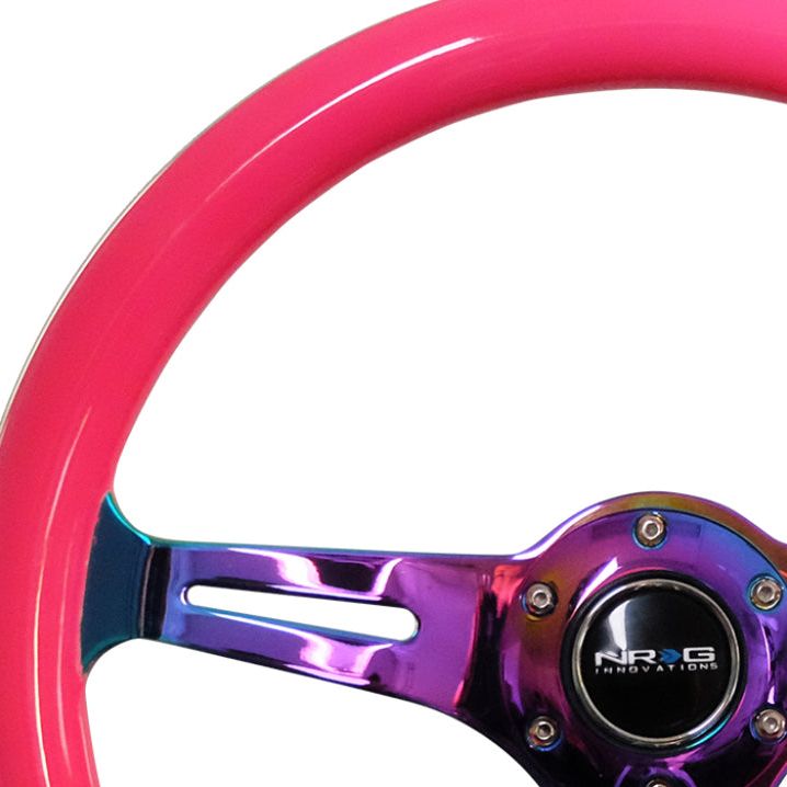 NRG ST-015MC-NPK - NRGST-015MC-NPK - NRG Classic Wood Grain Steering Wheel (350mm) Neon Pink Painted Grip w/Neochrome 3-Spoke Center - Shipped in Europe - Tuningsupply.com