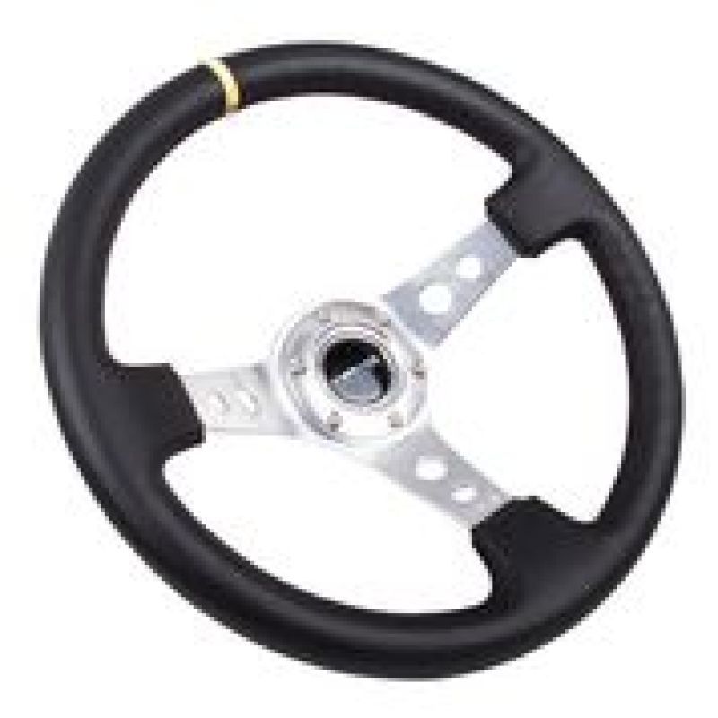 NRG RST-006SL-Y - NRGRST-006SL-Y - NRG Reinforced Steering Wheel (350mm / 3in. Deep) Blk Leather w/Circle Cut Spokes & Single Yellow CM - Shipped in Europe - Tuningsupply.com