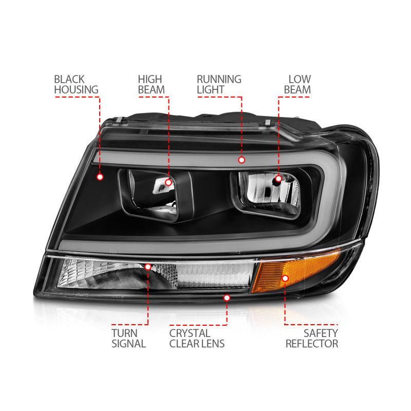 ANZO 111537 - ANZ111537 - ANZO 99-04 Jeep Grand Cherokee Crystal Headlights - w/ Light Bar Black Housing - Shipped in Europe - Tuningsupply.com