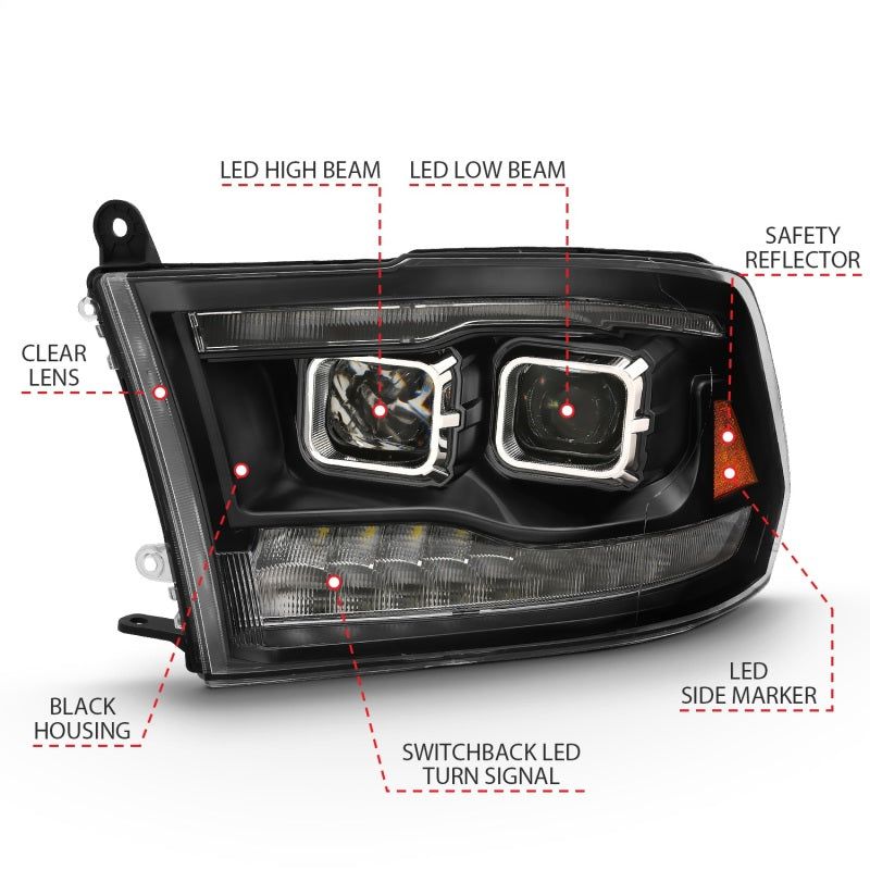 ANZO 111464 - ANZ111464 - ANZO 2009-2018 Dodge Ram 1500 Led Projector Plank Style Switchback H.L Halo Black Amber (OE Style) - Shipped in Europe - Tuningsupply.com