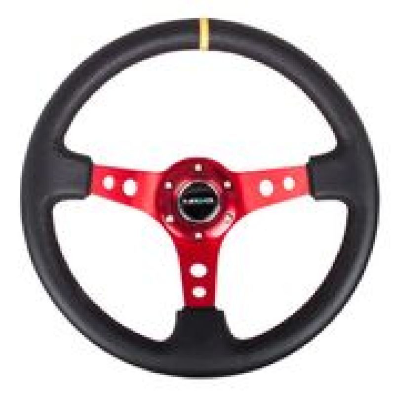 NRG RST-006RD-Y - NRGRST-006RD-Y - NRG Reinforced Steering Wheel (350mm / 3in. Deep) Blk Leather w/Red Spokes & Sgl Yellow Center Mark - Shipped in Europe - Tuningsupply.com