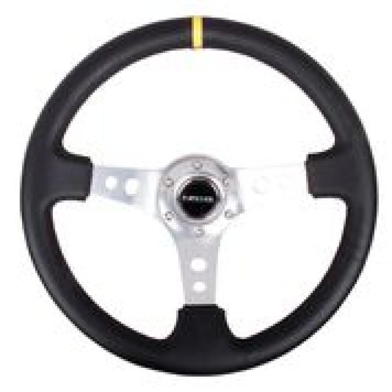 NRG RST-006SL-Y - NRGRST-006SL-Y - NRG Reinforced Steering Wheel (350mm / 3in. Deep) Blk Leather w/Circle Cut Spokes & Single Yellow CM - Shipped in Europe - Tuningsupply.com