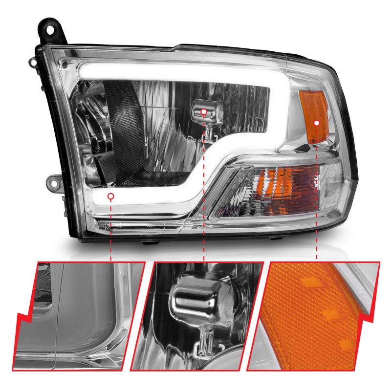 ANZO 111516 - ANZ111516 - ANZO 2009-2018 Dodge Ram 1500/ 2500/ 3500 Crystal Headlights w/ Light Bar Chrome Housing - Shipped in Europe - Tuningsupply.com