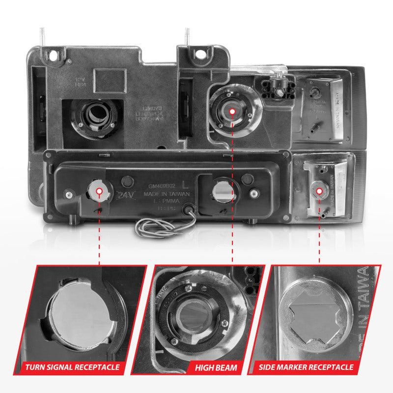 ANZO 111529 - ANZ111529 - ANZO 88-98 Chevrolet C1500 Crystal Headlights w/Light Bar Chrome Housing w/ Signal Side Markers 8Pcs - Shipped in Europe - Tuningsupply.com