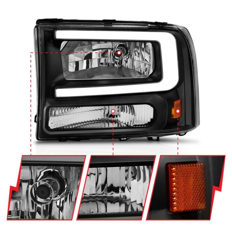 ANZO 111549 - ANZ111549 - ANZO 99-04 Ford F250/F350/F450/Excursion (excl. 99) Crystal Headlights - w/ Light Bar Black Housing - Shipped in Europe - Tuningsupply.com