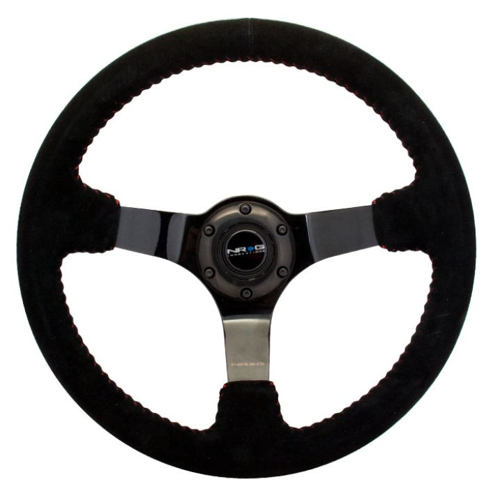 NRG RST-036BK-S - NRGRST-036BK-S - NRG Reinforced Steering Wheel (350mm / 3in. Deep) Blk Suede w/Red BBall Stitch & Black 3-Spoke - Shipped in Europe - Tuningsupply.com