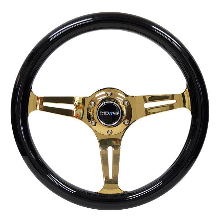 NRG ST-015CG-BK - NRGST-015CG-BK - NRG Classic Wood Grain Steering Wheel (350mm) Black Grip w/Chrome Gold 3-Spoke Center - Shipped in Europe - Tuningsupply.com