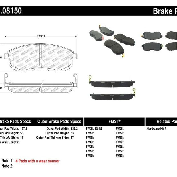 Stoptech 309.08150 - STO309.08150 - StopTech Performance 02-05 Infiniti G35 / 07-09 Nissan Altima/Sentra / 6/02-05 350Z Front Brake Pa - Shipped in Europe - Tuningsupply.com