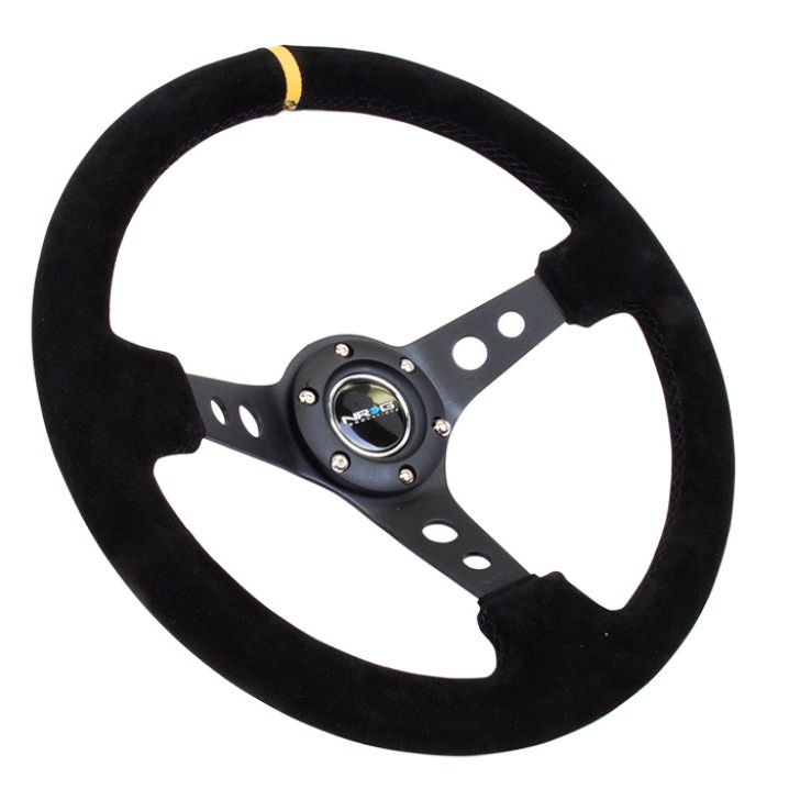 NRG RST-006S-Y - NRGRST-006S-Y - NRG Reinforced Steering Wheel (350mm / 3in. Deep) Blk Suede w/Circle Cut Spokes & Single Yellow CM - Shipped in Europe - Tuningsupply.com