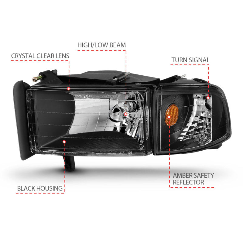 ANZO 111067 - ANZ111067 - ANZO 1994-2001 Dodge Ram Crystal Headlights Black - Shipped in Europe - Tuningsupply.com