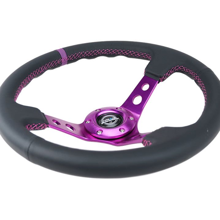 NRG RST-006PP - NRGRST-006PP - NRG Reinforced Steering Wheel (350mm / 3in. Deep) Black Leather w/Purple Center & Purple Stitching - Shipped in Europe - Tuningsupply.com