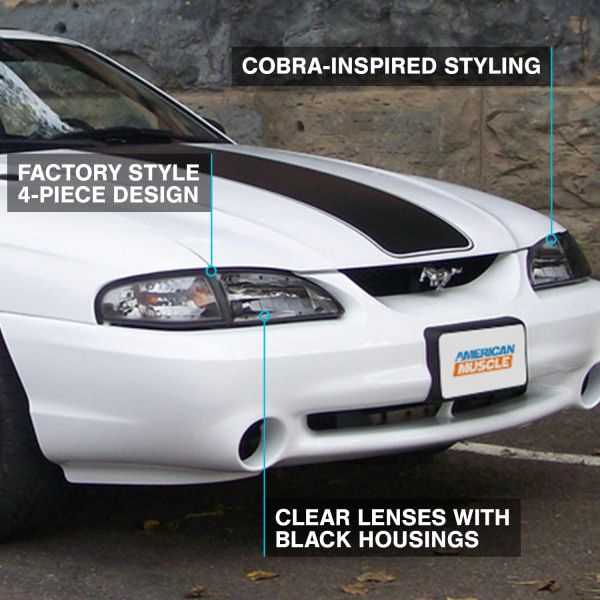 Raxiom 49050 - RAX49050 - Raxiom 94-98 Mustang Axial Series Cobra Style Headlights- Black Housing (Clear Lens) - Shipped in Europe - Tuningsupply.com