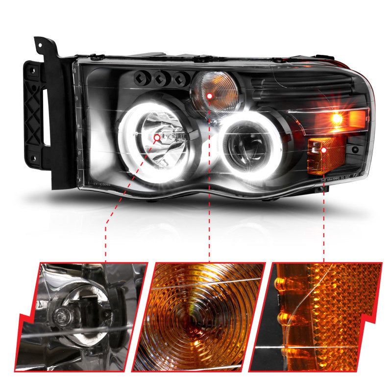 ANZO 111490 - ANZ111490 - ANZO 2002-2005 Dodge Ram 1500 Projector Headlights w/ Halo Black Clear Amber - Shipped in Europe - Tuningsupply.com