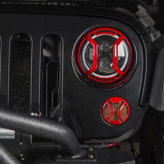 Rugged Ridge 11230.15 - RUG11230.15 - Rugged Ridge 07-18 Jeep Wrangler JK/JKU Red Elite Headlight Euro Guards - Shipped in Europe - Tuningsupply.com
