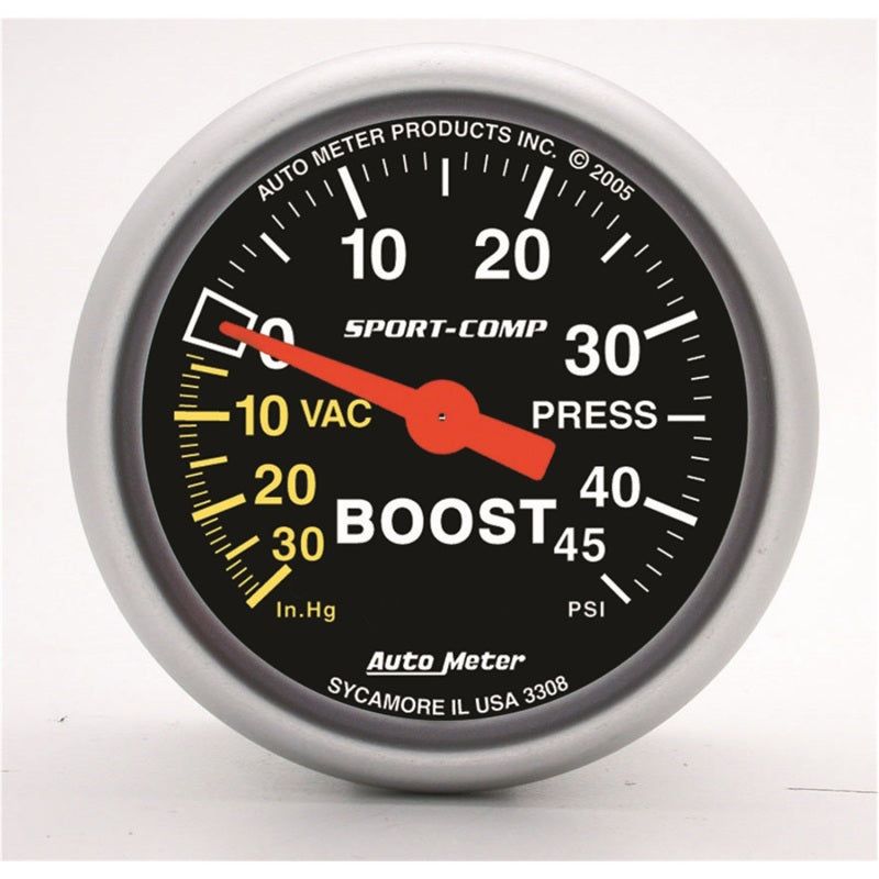 AutoMeter 3308 - ATM3308 - Autometer Sport-Comp 52mm 45 PSI Mechanical Boost Gauge - Shipped in Europe - Tuningsupply.com