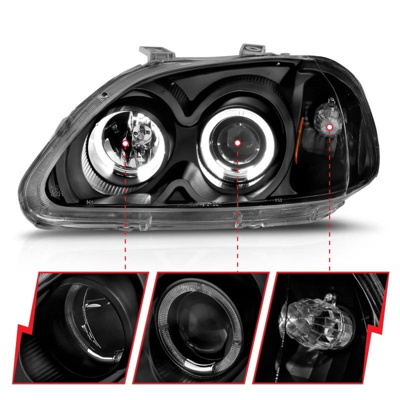 ANZO 121068 - ANZ121068 - ANZO 1996-1998 Honda Civic Projector Headlights w/ Halo Black - Shipped in Europe - Tuningsupply.com