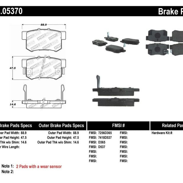 Stoptech 309.05370 - STO309.05370 - StopTech Performance 00-09 Honda S2000 / 92-07 Accord / 04-10 Acura TSX / 02-06 RSX Rear Brake Pads - Shipped in Europe - Tuningsupply.com