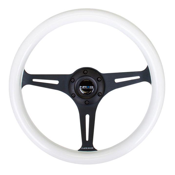 NRG ST-015BK-GL - NRGST-015BK-GL - NRG Classic Wood Grain Steering Wheel (350mm) Glow-N-The-Dark Green Grip w/Black 3-Spoke Center - Shipped in Europe - Tuningsupply.com